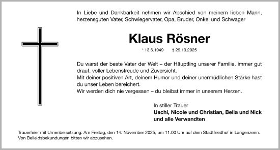 Traueranzeige von Klaus Rösner von Fürther Nachrichten Lokal