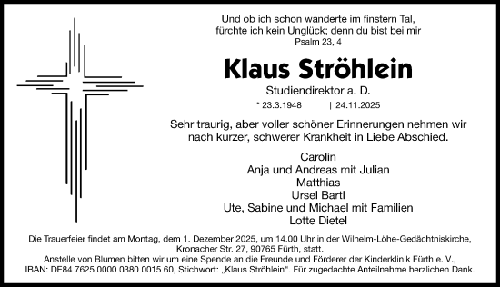 Traueranzeige von Klaus Ströhlein von Fürther Nachrichten/ Altmühl-Bote Lokal
