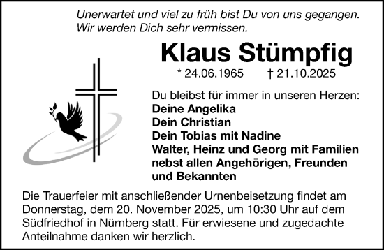 Traueranzeige von Klaus Stümpfig von Gesamtausgabe Nürnberger Nachrichten/ Nürnberger Ztg.