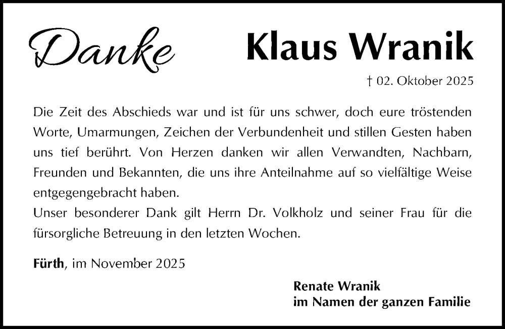 Traueranzeige für Klaus Wranik vom 15.11.2025 aus Fürther Nachrichten Lokal