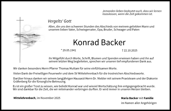 Traueranzeige von Konrad Backer von Nordbayerische Nachrichten Forchheim Lokal
