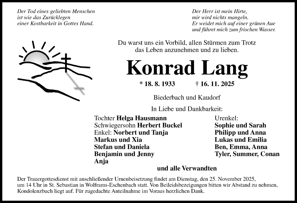  Traueranzeige für Konrad Lang vom 22.11.2025 aus Altmühl-Bote Lokal