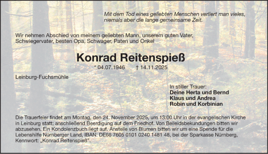 Traueranzeige von Konrad Reitenspieß von Gesamtausgabe Nürnberger Nachrichten/ Nürnberger Ztg.
