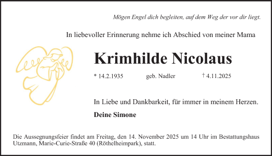 Traueranzeige von Krimhilde Nicolaus von Erlanger Nachrichten Lokal