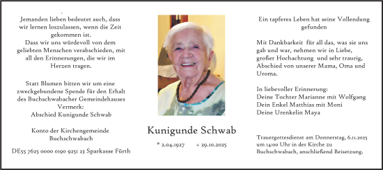 Traueranzeige von Kunigunde Schwab von Gesamtausgabe Nürnberger Nachrichten/ Nürnberger Ztg.