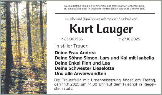 Traueranzeige von Kurt Lauger von Nordbayer. Nachrichten Forchheim/ Nordbayer. Nachrichten Pegnitz