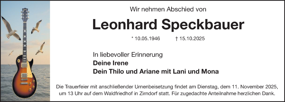  Traueranzeige für Leonhard Speckbauer vom 08.11.2025 aus Fürther Nachrichten Lokal