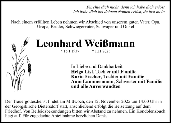 Traueranzeige von Leonhard Weilmann von HST,G