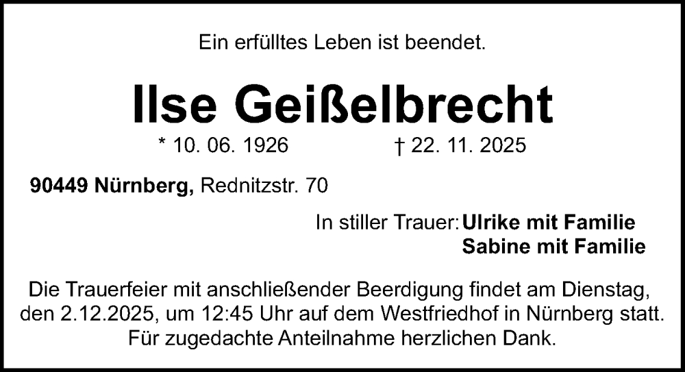  Traueranzeige für Ilse Geißelbrecht vom 26.11.2025 aus Gesamtausgabe Nürnberger Nachrichten/ Nürnberger Ztg.