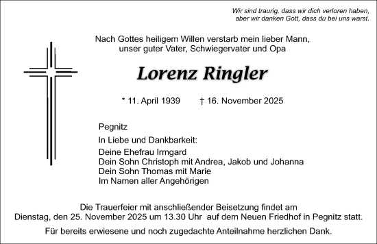 Traueranzeige von Lorenz Ringler von Nordbayerische Nachrichten Pegnitz Lokal