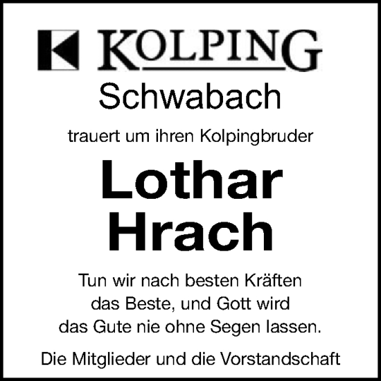 Traueranzeige von Lothar Hrach von Schwabacher Tagblatt Lokal