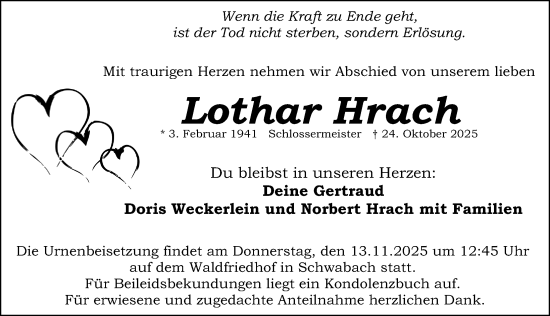 Traueranzeige von Lothar Hrach von Schwabacher Tagblatt Lokal
