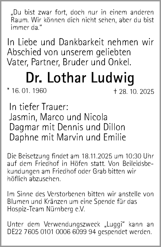 Traueranzeige von Lothar Ludwig von Gesamtausgabe Nürnberger Nachrichten/ Nürnberger Ztg.