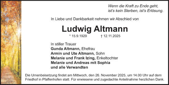 Traueranzeige von Ludwig Altmann von Roth-Hilpoltsteiner Volkszeitung Lokal