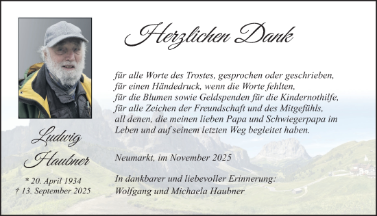 Traueranzeige von Ludwig Haubner von Neumarkter Nachrichten Lokal