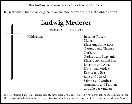 Traueranzeige von Ludwig Mederer von Roth-Hilpoltsteiner Volkszeitung Lokal