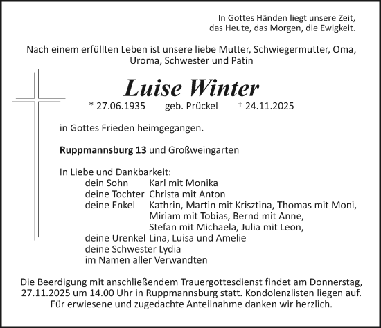 Traueranzeige von Luise Winter von Roth-Hilpoltsteiner Volkszeitung Lokal