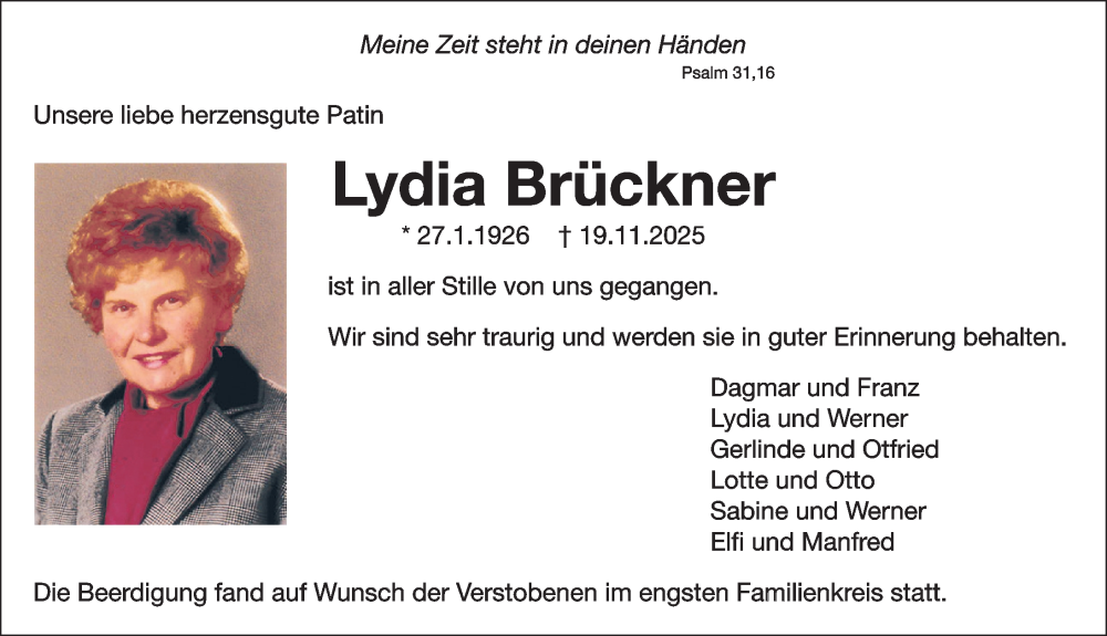  Traueranzeige für Lydia Brückner vom 29.11.2025 aus Gesamtausgabe Nürnberger Nachrichten/ Nürnberger Ztg.