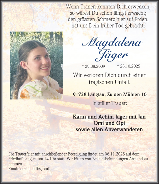 Traueranzeige von Magdalena Jäger von Altmühl-Bote Lokal