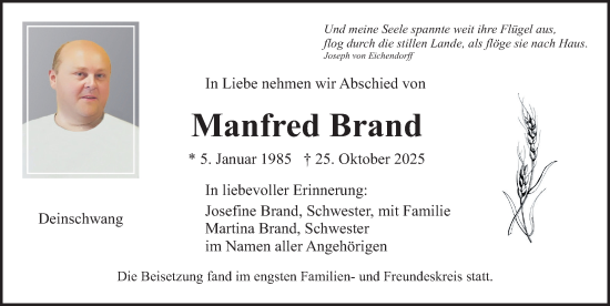Traueranzeige von Manfred Brand von Neumarkter Nachrichten Lokal