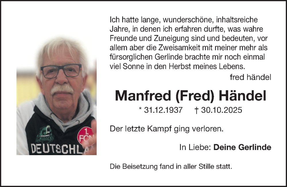  Traueranzeige für Manfred Händel vom 15.11.2025 aus Gesamtausgabe Nürnberger Nachrichten/ Nürnberger Ztg.