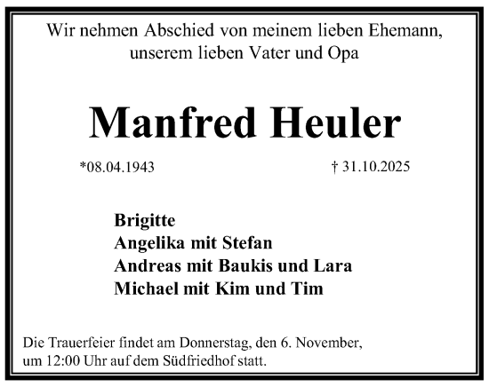 Traueranzeige von Manfred Heuler von Gesamtausgabe Nürnberger Nachrichten/ Nürnberger Ztg.