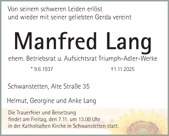 Traueranzeige von Manfred Lang von Gesamtausgabe Nürnberger Nachrichten/ Nürnberger Ztg.