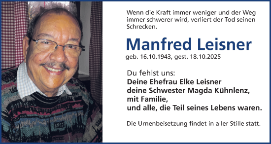 Traueranzeige von Manfred Leisner von Gesamtausgabe Nürnberger Nachrichten/ Nürnberger Ztg.