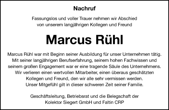 Traueranzeige von Marcus Rühl von Fürther Nachrichten Lokal