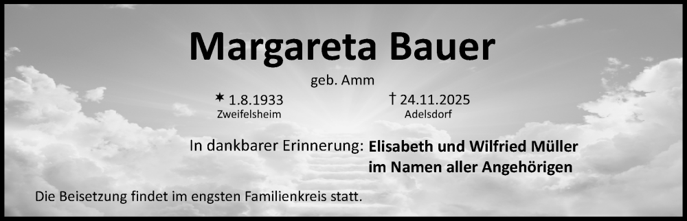  Traueranzeige für Margareta Bauer vom 29.11.2025 aus Nordbayerische Nachrichten Herzogenaurach Lokal