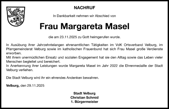 Traueranzeige von Margareta Masel von Neumarkter Nachrichten Lokal