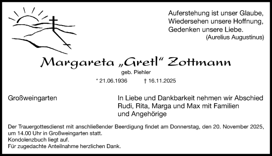 Traueranzeige von Margareta Zottmann von Roth-Hilpoltsteiner Volkszeitung Lokal