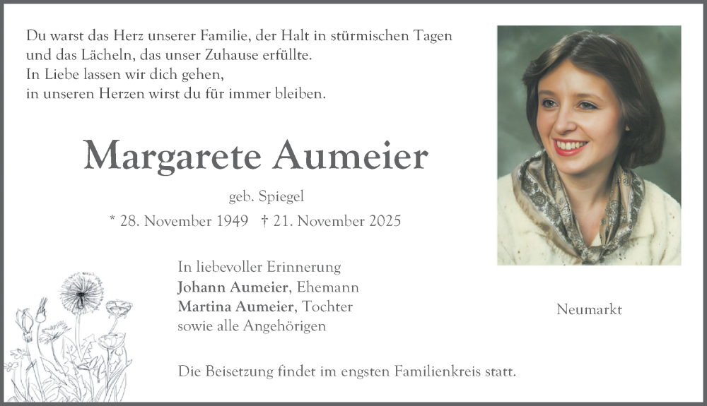  Traueranzeige für Margarete Aumeier vom 29.11.2025 aus Neumarkter Nachrichten Lokal