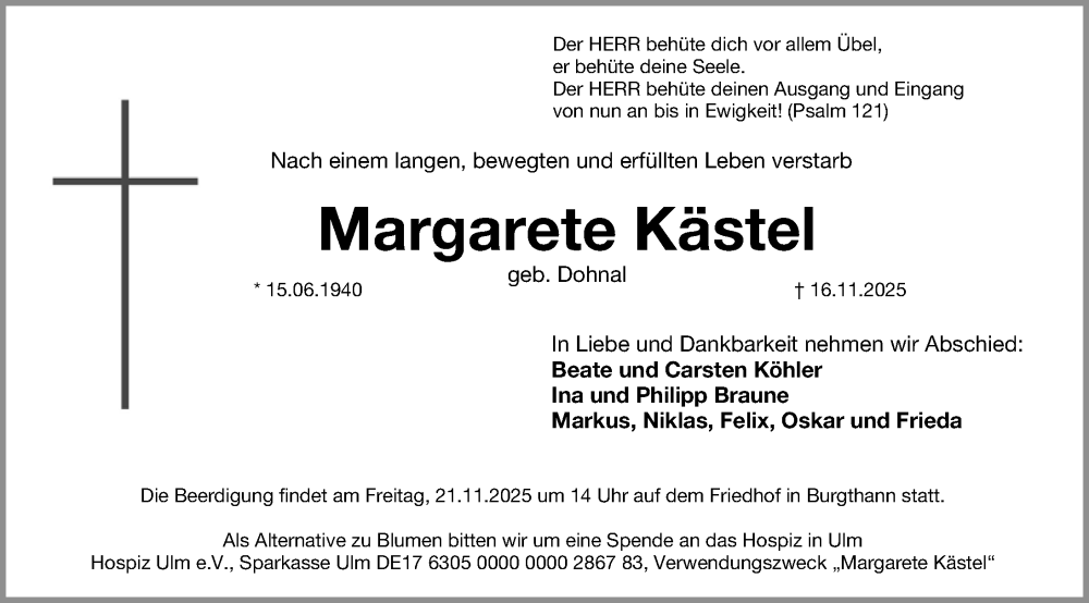  Traueranzeige für Margarete Kästel vom 19.11.2025 aus Gesamtausgabe Nürnberger Nachrichten/ Nürnberger Ztg.
