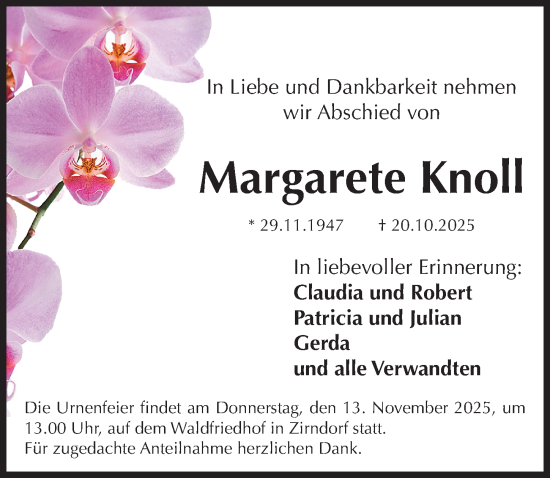 Traueranzeige von Margarete Knoll von Fürther Nachrichten Lokal