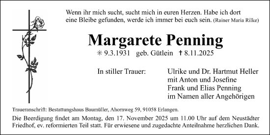 Traueranzeige von Margarete Penning von Erlanger Nachrichten Lokal