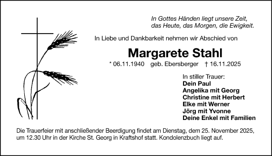 Traueranzeige von Margarete Stahl von Gesamtausgabe Nürnberger Nachrichten/ Nürnberger Ztg.