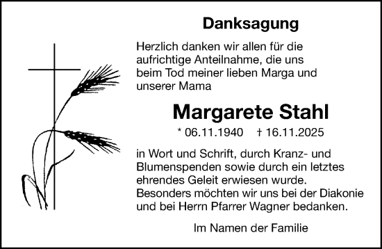 Traueranzeige von Margarete Stahl von Gesamtausgabe Nürnberger Nachrichten/ Nürnberger Ztg.