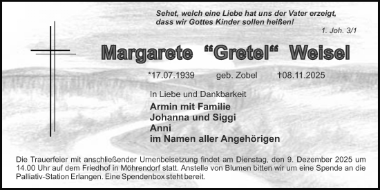 Traueranzeige von Margarete Weisel von Erlanger Nachrichten Lokal
