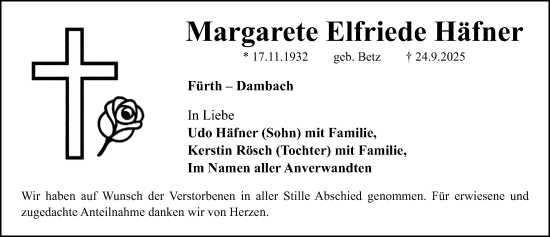 Traueranzeige von Margarete Elfriede Häfner von Fürther Nachrichten Lokal