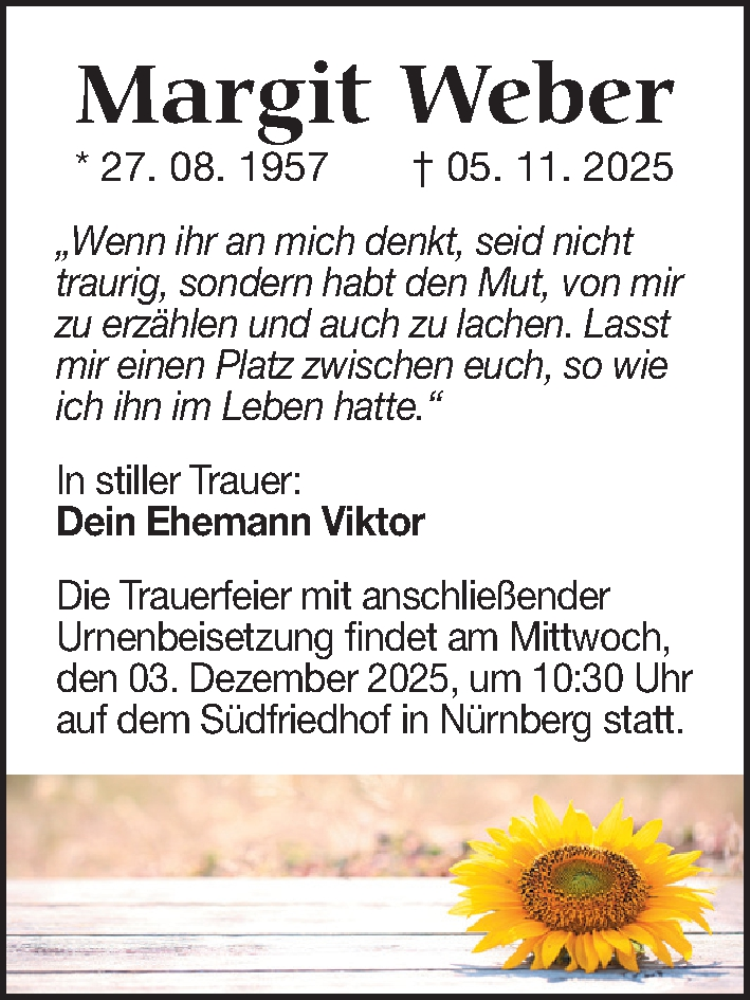  Traueranzeige für Margit Weber vom 26.11.2025 aus Gesamtausgabe Nürnberger Nachrichten/ Nürnberger Ztg.