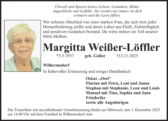 Traueranzeige von Margitta Weißer-Löffler von Fürther Nachrichten Lokal