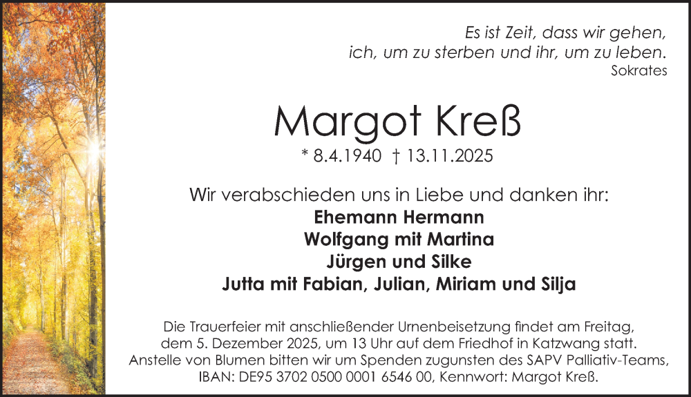  Traueranzeige für Margot Kreß vom 29.11.2025 aus Gesamtausgabe Nürnberger Nachrichten/ Nürnberger Ztg.