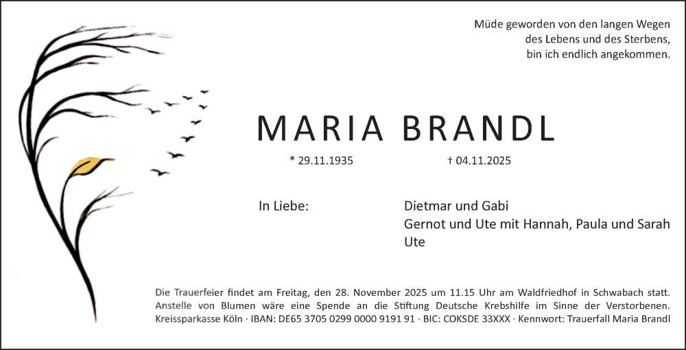  Traueranzeige für Maria Brandl vom 22.11.2025 aus Schwabacher Tagblatt Lokal