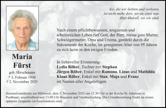 Traueranzeige von Maria Fürst von Neumarkter Nachrichten Lokal