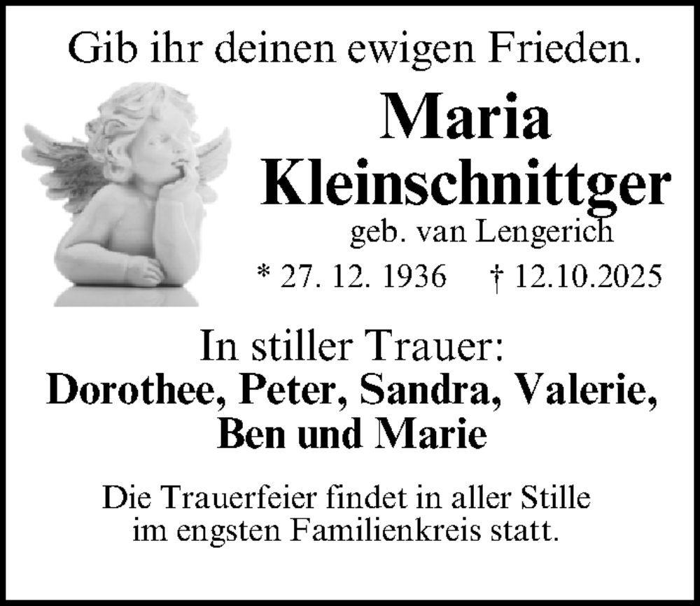  Traueranzeige für Maria Kleinschnittger vom 29.11.2025 aus Gesamtausgabe Nürnberger Nachrichten/ Nürnberger Ztg.