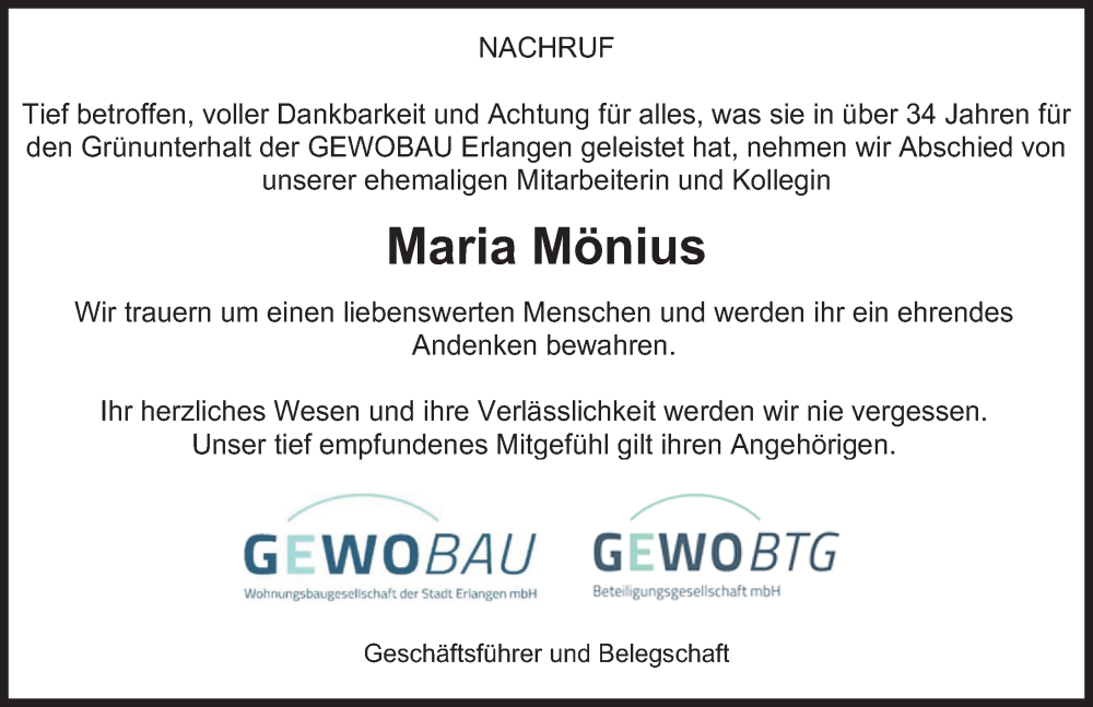  Traueranzeige für Maria Mönius vom 14.11.2025 aus Erlanger Nachrichten Lokal