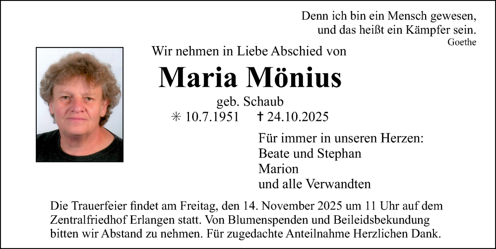  Traueranzeige für Maria Mönius vom 08.11.2025 aus Erlanger Nachrichten Lokal