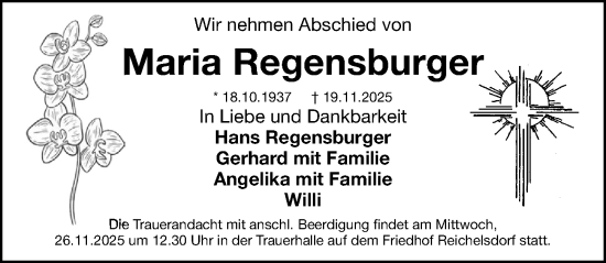 Traueranzeige von Maria Regensburger von Gesamtausgabe Nürnberger Nachrichten/ Nürnberger Ztg.