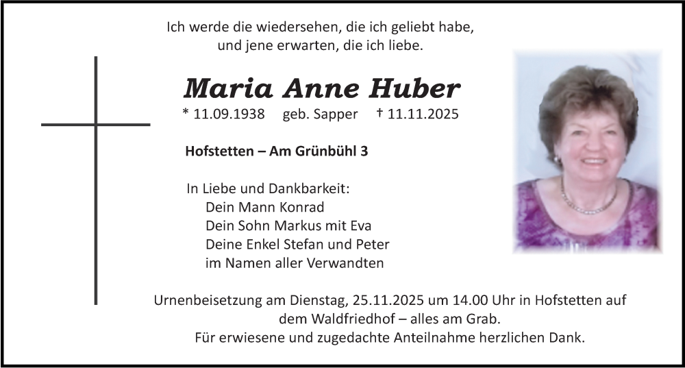  Traueranzeige für Maria Anne Huber vom 22.11.2025 aus Roth-Hilpoltsteiner Volkszeitung Lokal